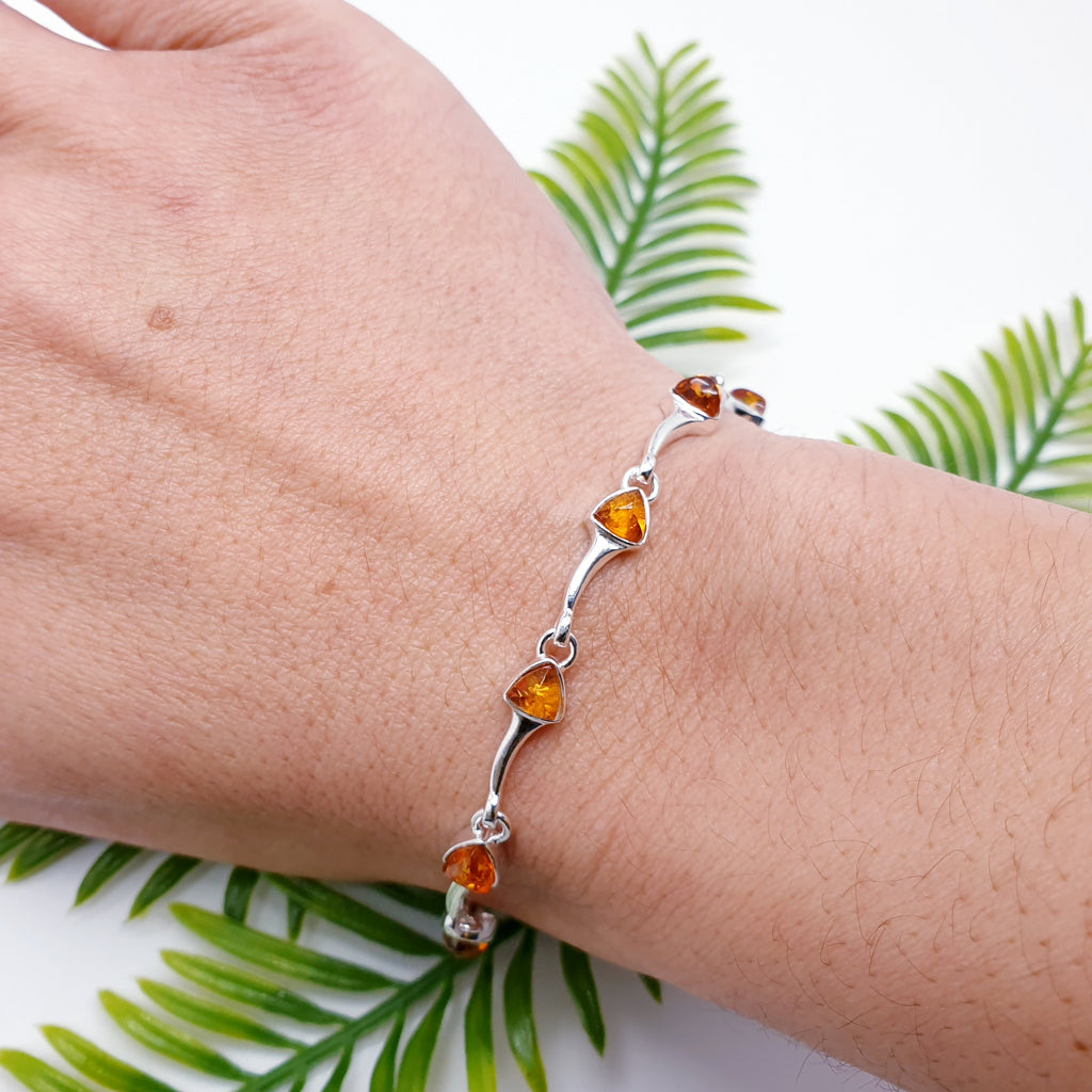 Green, Mixed or Toffee Amber Sterling Silver Trinity Bracelet