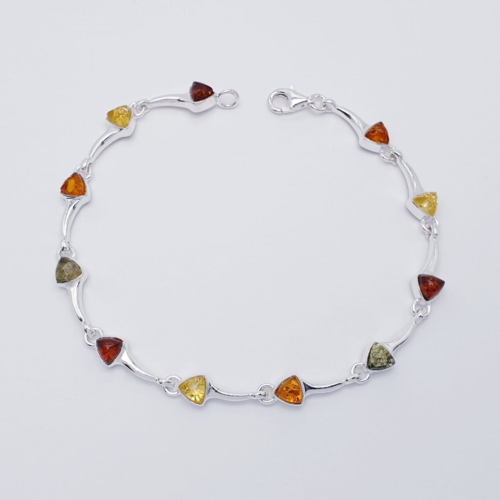 Green, Mixed or Toffee Amber Sterling Silver Trinity Bracelet