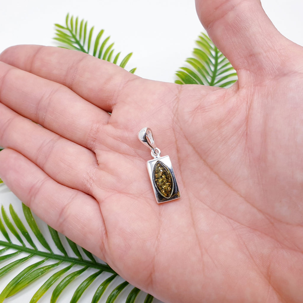 Toffee or Green Amber Sterling Silver Rectangle Pendant