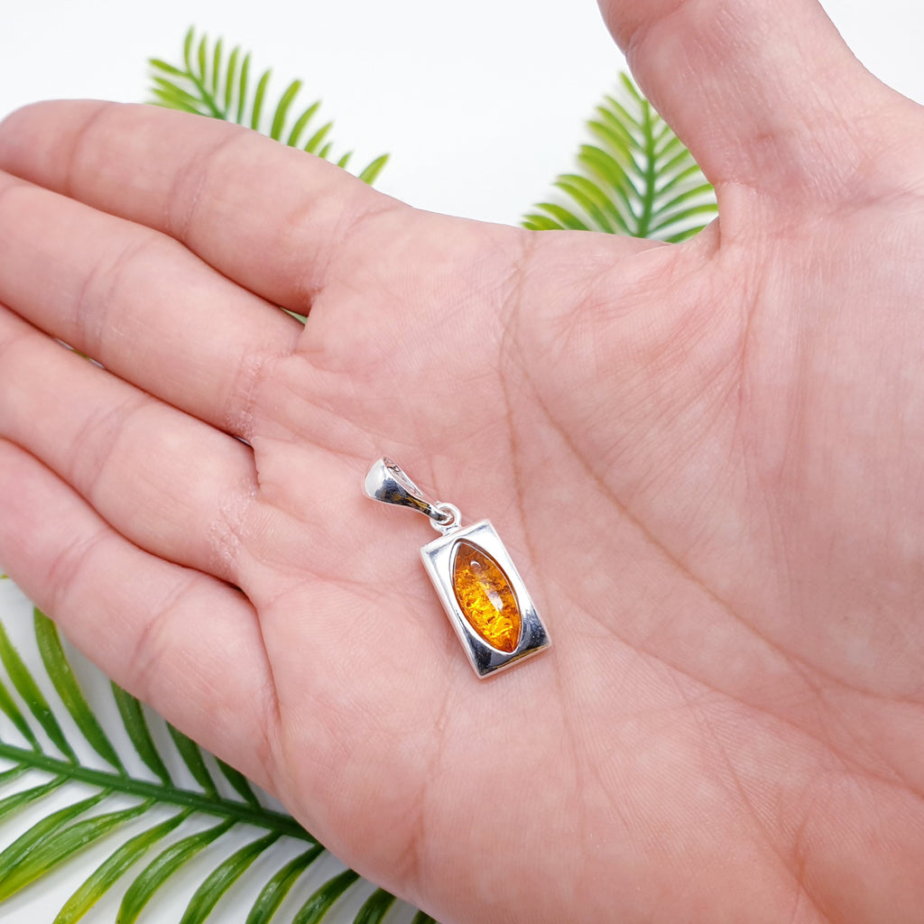 Toffee or Green Amber Sterling Silver Rectangle Pendant