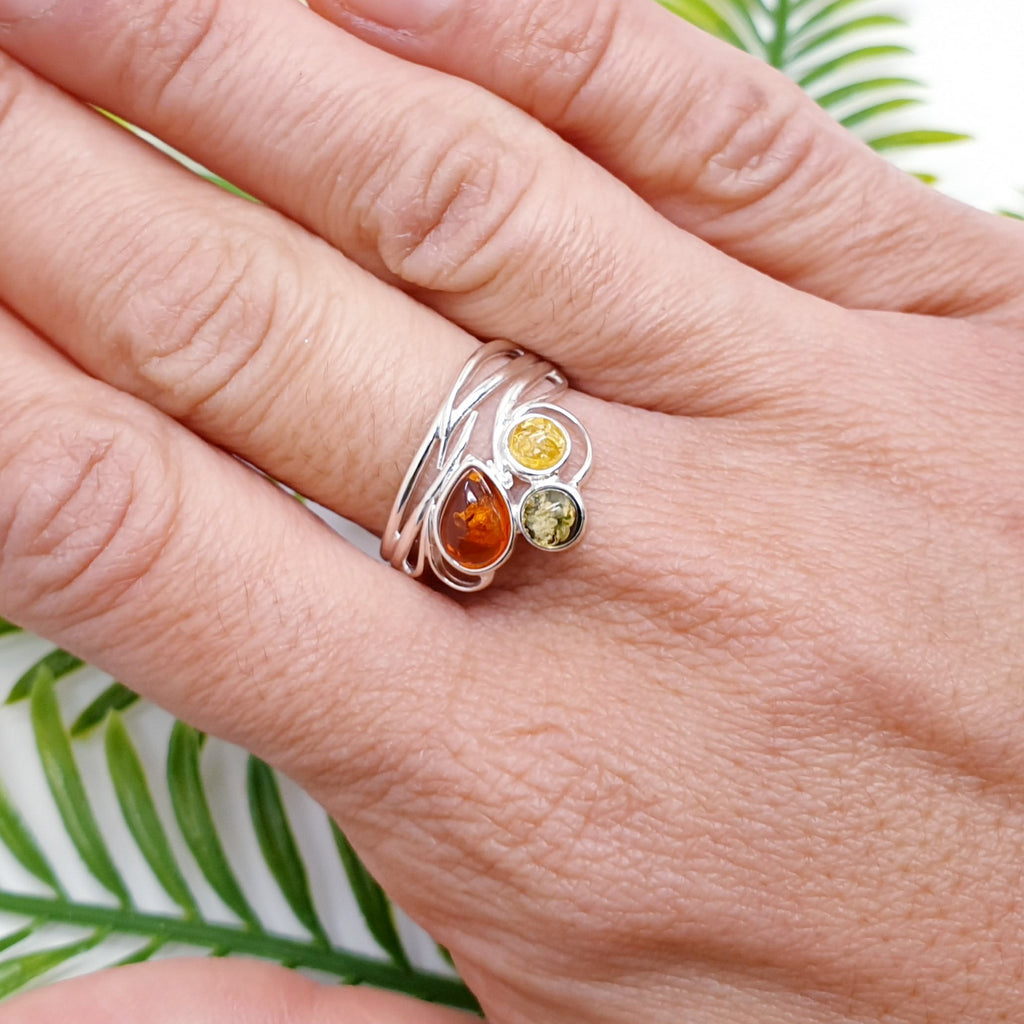 Mixed Amber Sterling Silver Spring Vines Ring