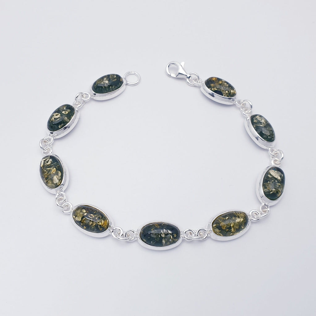 Toffee or Green Amber Sterling Silver Simple Oval Bracelet