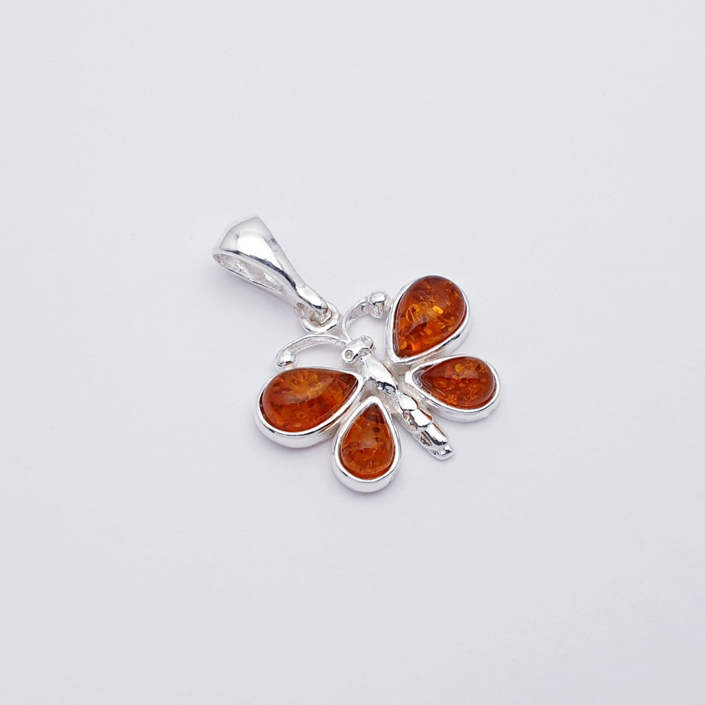 Toffee or Mixed Amber Sterling Silver Butterfly Pendant
