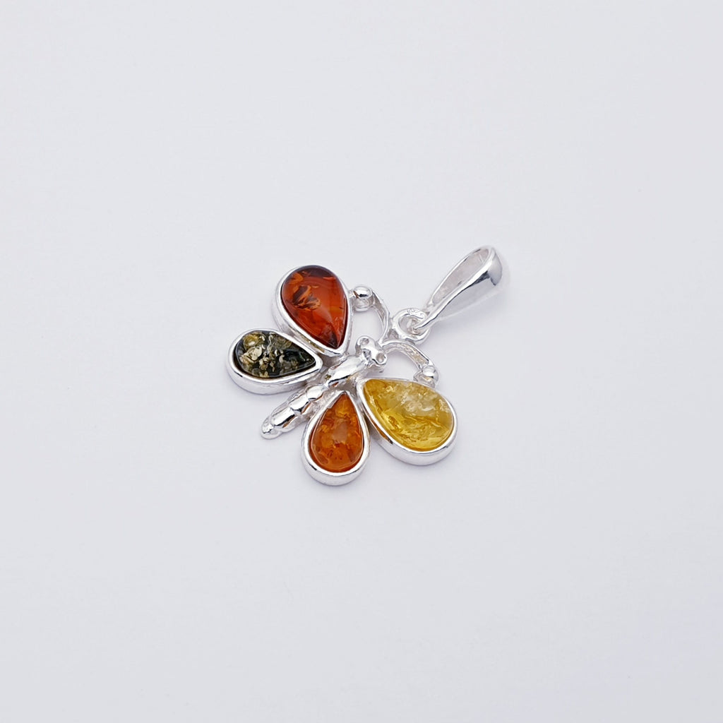 Toffee or Mixed Amber Sterling Silver Butterfly Pendant