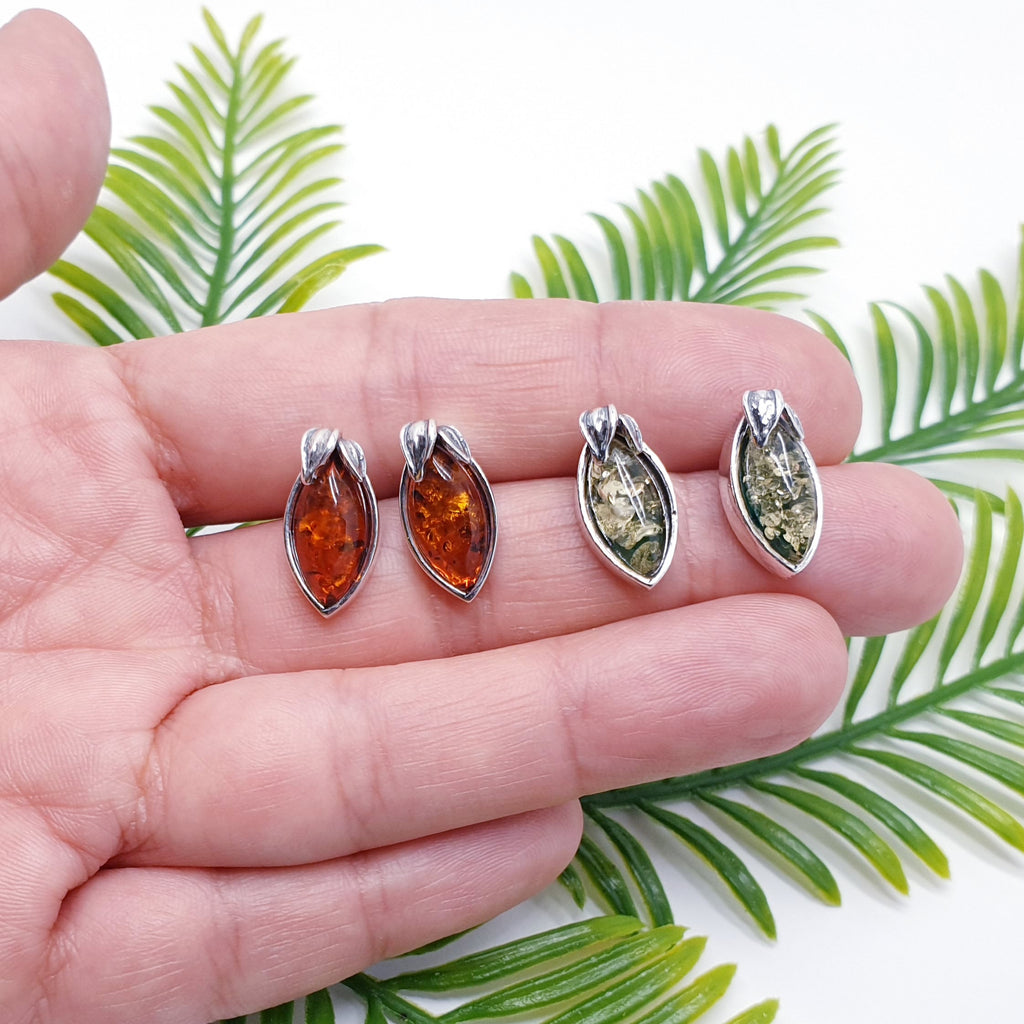 Toffee or Green Amber Sterling Silver Botanical Studs