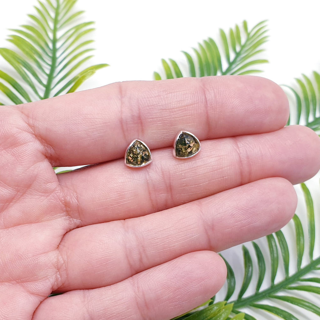 Green Amber Sterling Silver Simple Triangle Studs