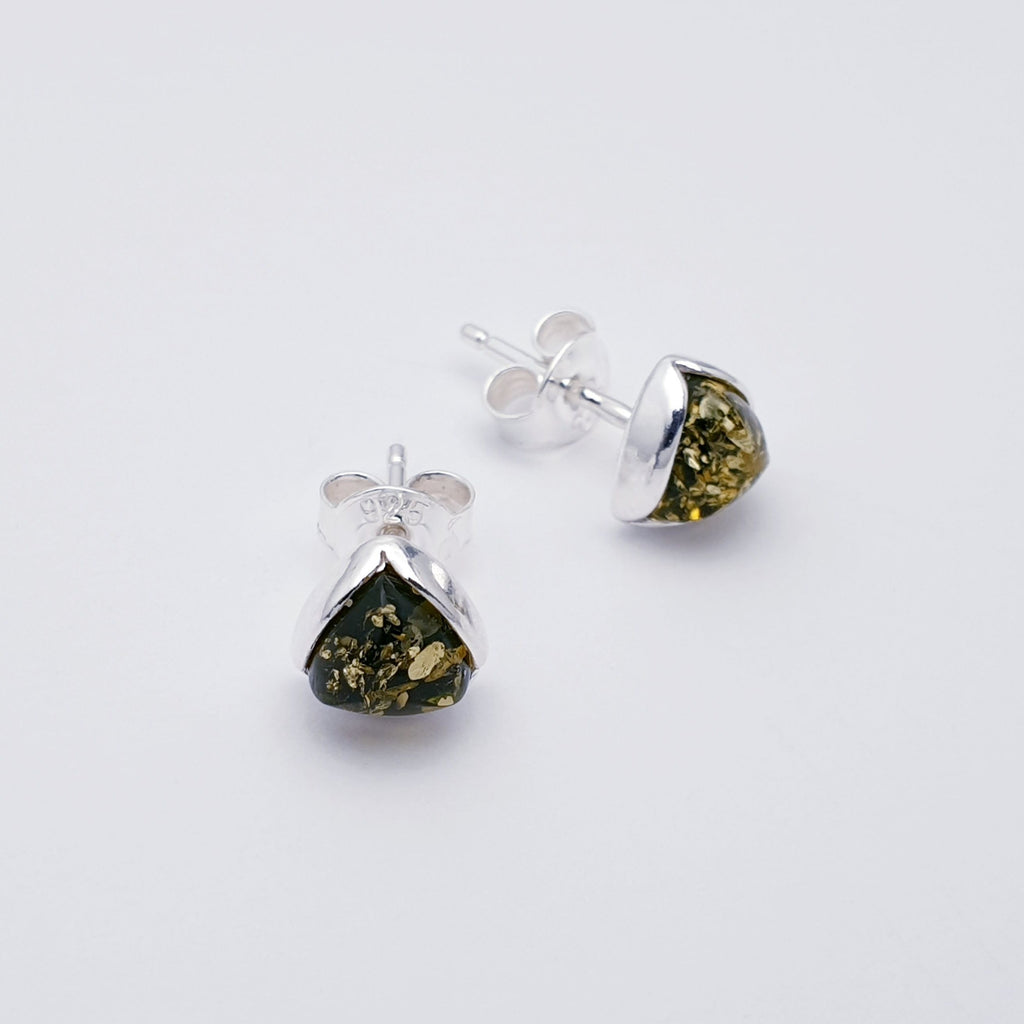 Green Amber Sterling Silver Simple Triangle Studs