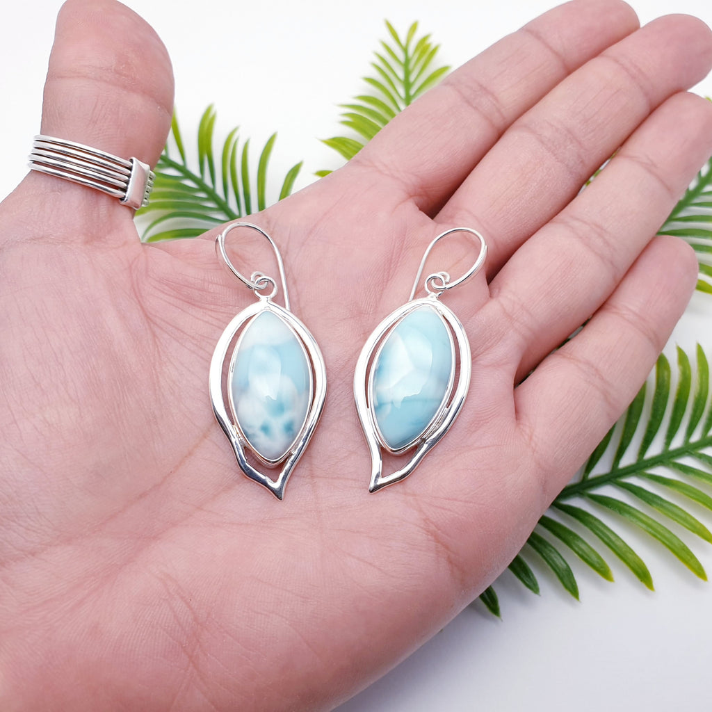 Larimar gemstone and sterling silver botanical earrings