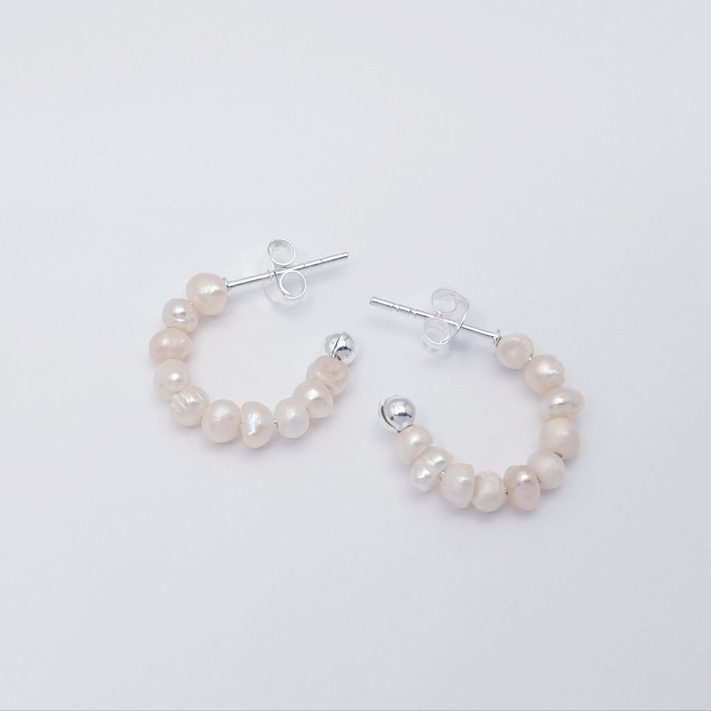 Beaded pearl half hoop sterling silver earrings