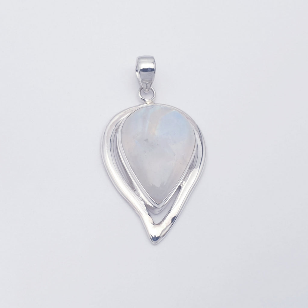 Natural gemstone Moonstone teardrop pendant set in sterling silver.