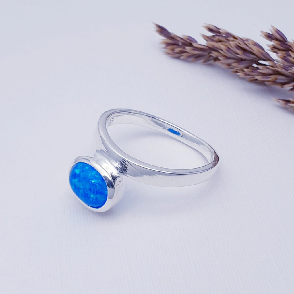 blue reconstituted opal cabochon sterling silver ring.