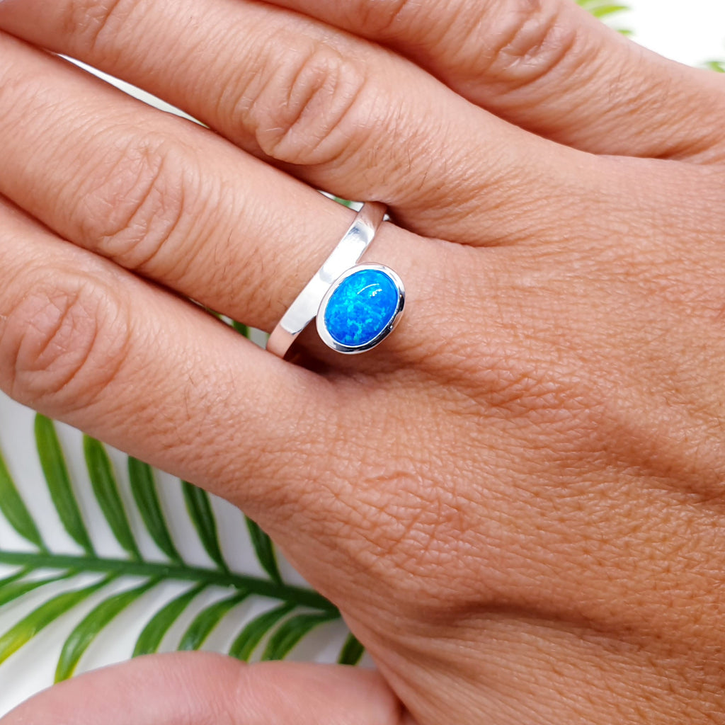 blue reconstituted opal cabochon sterling silver ring.