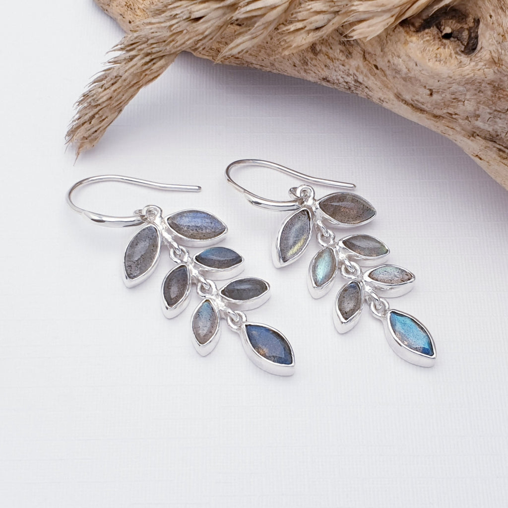 Our Labradorite fern leaf earrings displayed on a white background with wood and autumn foliage as decorations