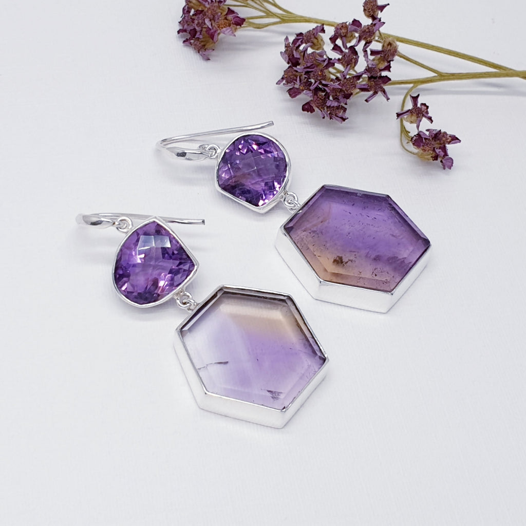 One-Off Amethyst and Ametrine Sterling Silver Geometric Earrings