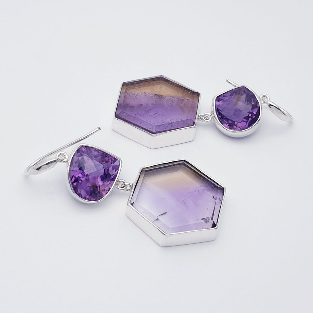 One-Off Amethyst and Ametrine Sterling Silver Geometric Earrings