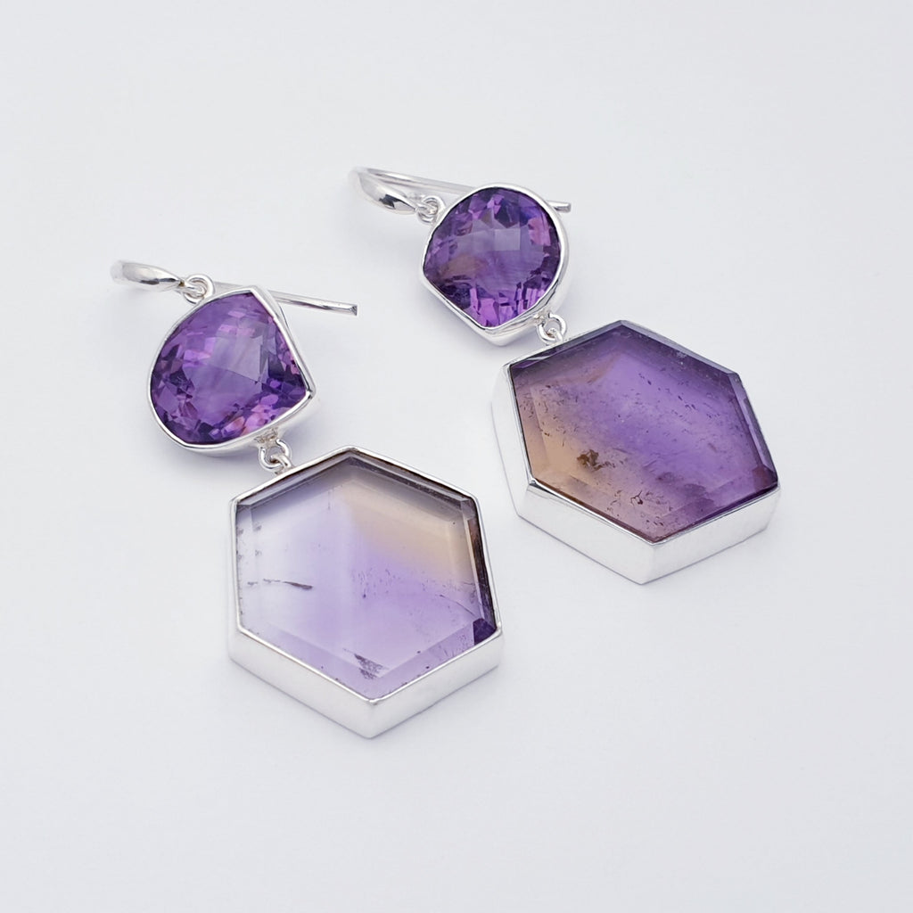 One-Off Amethyst and Ametrine Sterling Silver Geometric Earrings