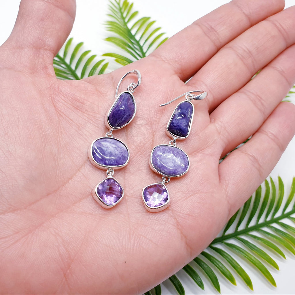 One-Off Charoite and Amethyst Sterling Silver Free Form Earrings