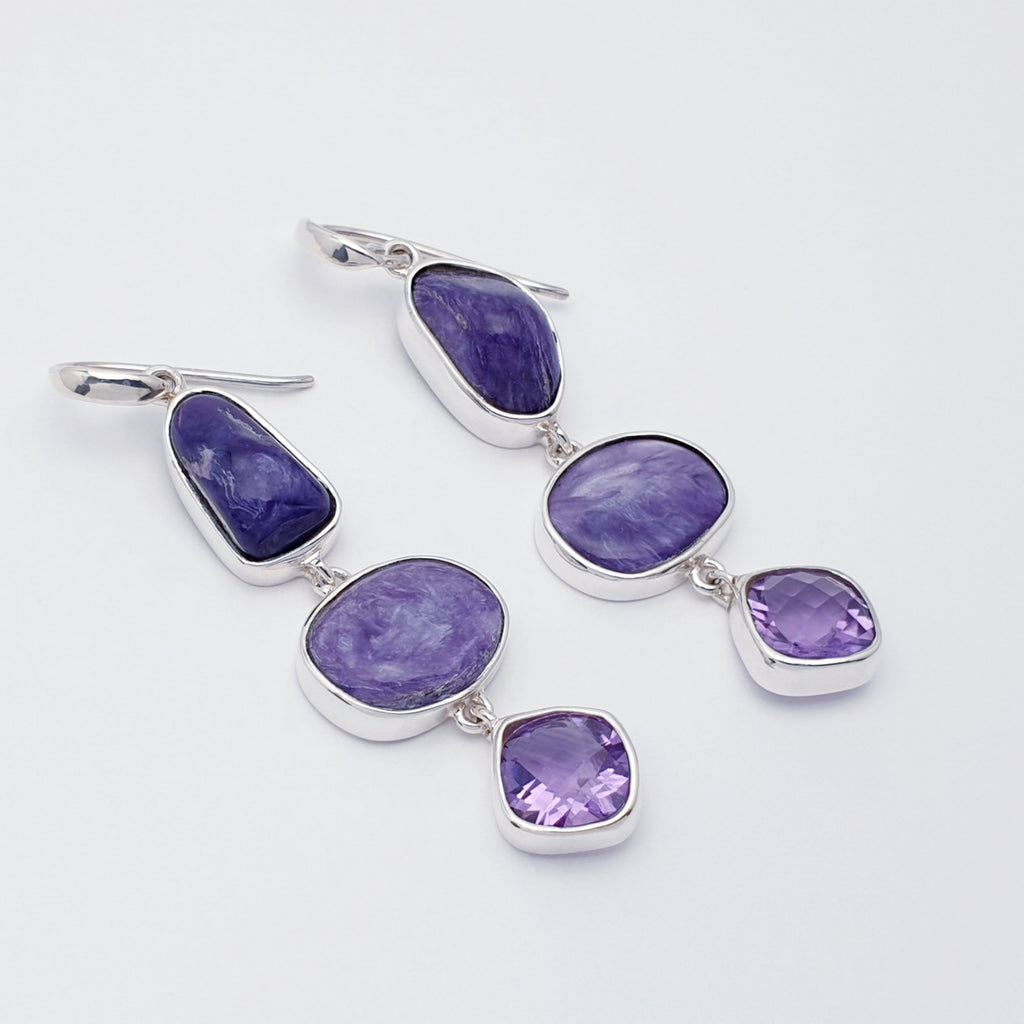 One-Off Charoite and Amethyst Sterling Silver Free Form Earrings