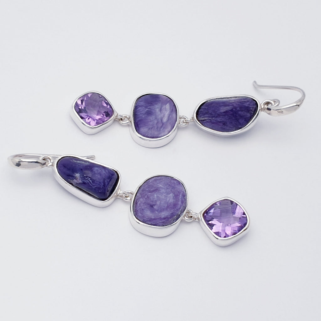 One-Off Charoite and Amethyst Sterling Silver Free Form Earrings