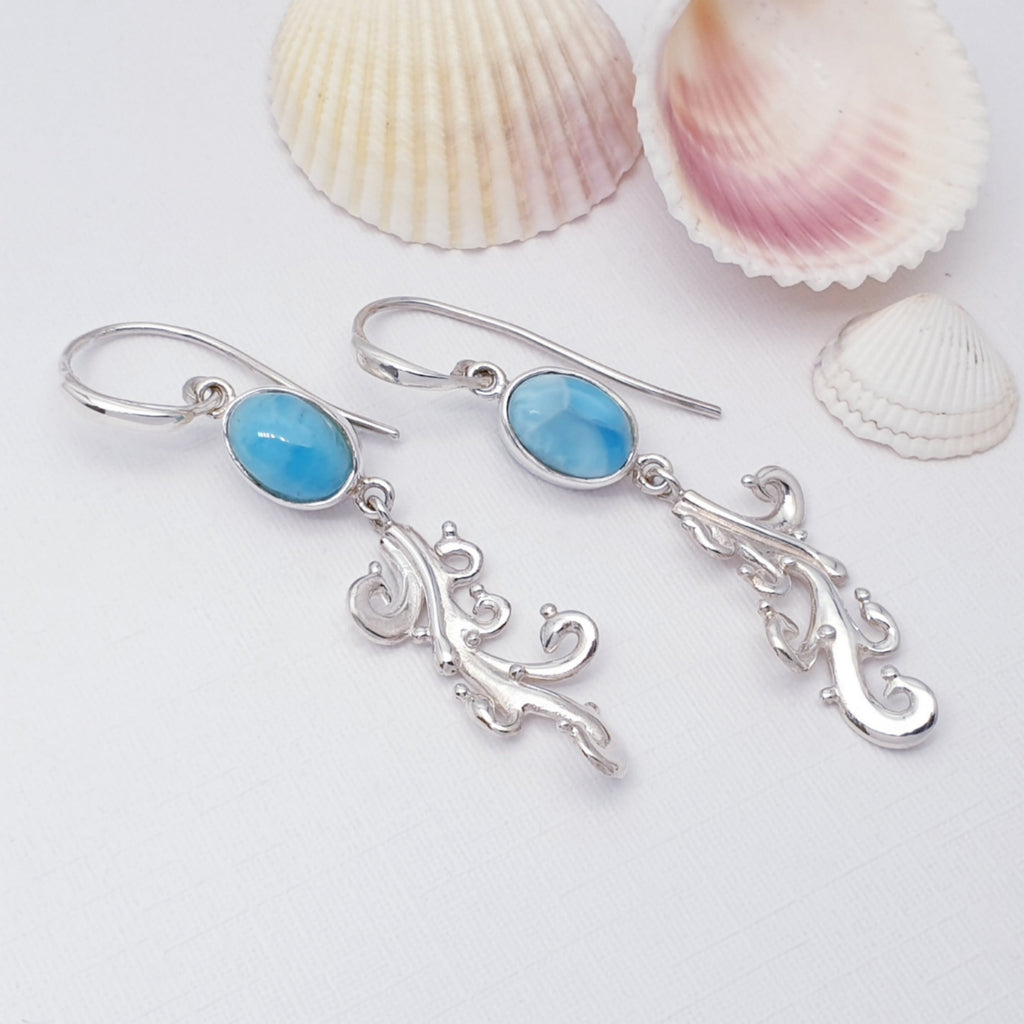 Larimar Sea Breeze Earrings on a white background with shell details