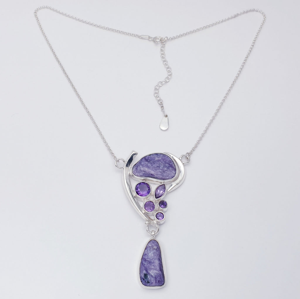 Charoite and Amethyst Sterling Silver Asymmetry Necklace 16"-18"