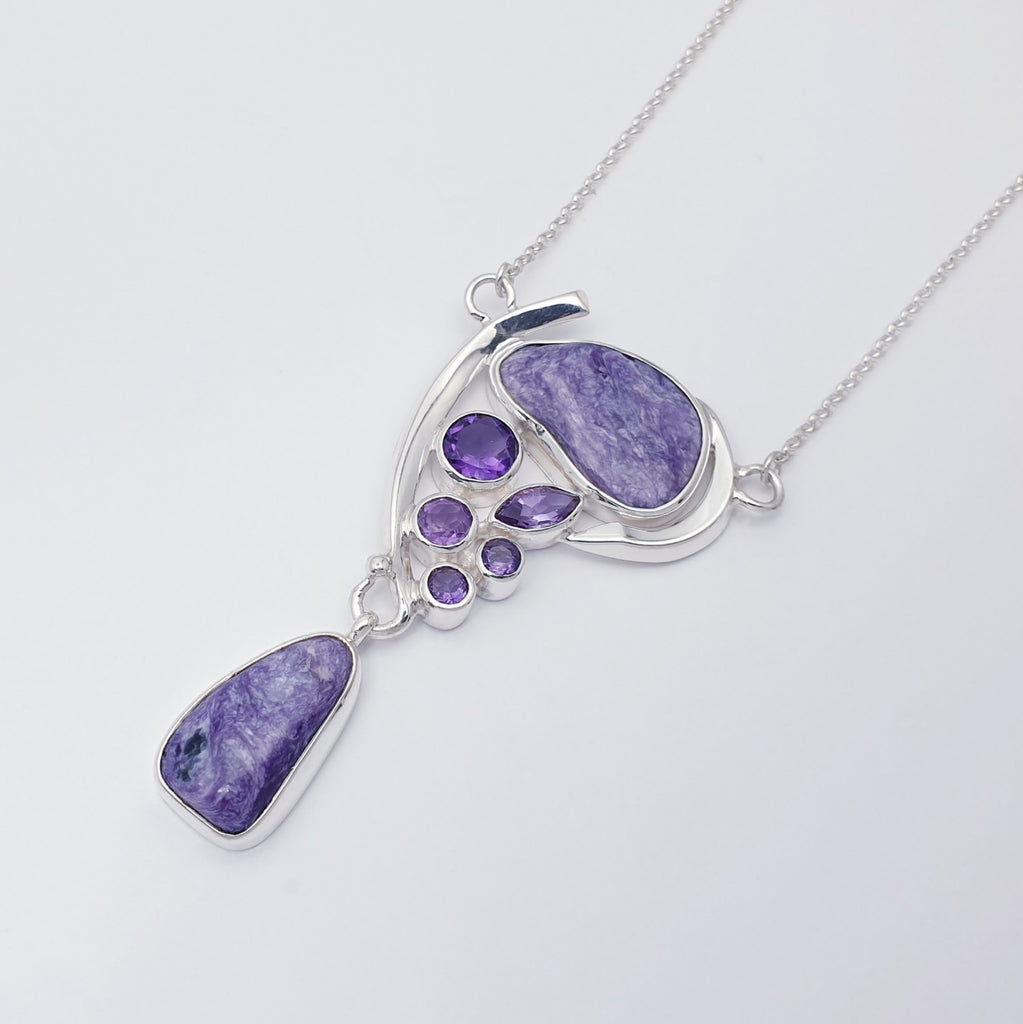 Charoite and Amethyst Sterling Silver Asymmetry Necklace 16"-18"