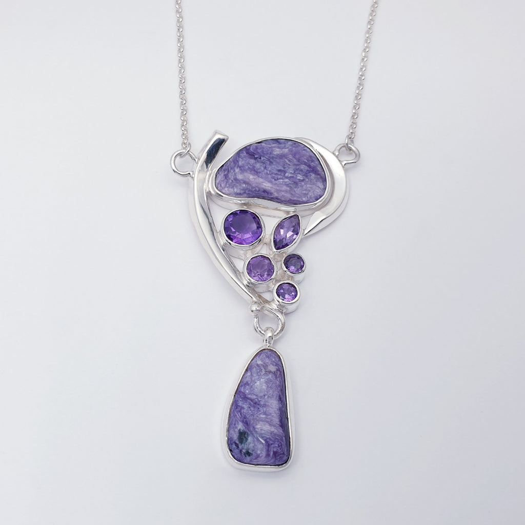 Charoite and Amethyst Sterling Silver Asymmetry Necklace 16"-18"