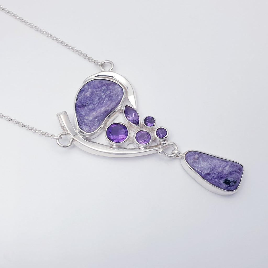 Charoite and Amethyst Sterling Silver Asymmetry Necklace 16"-18"