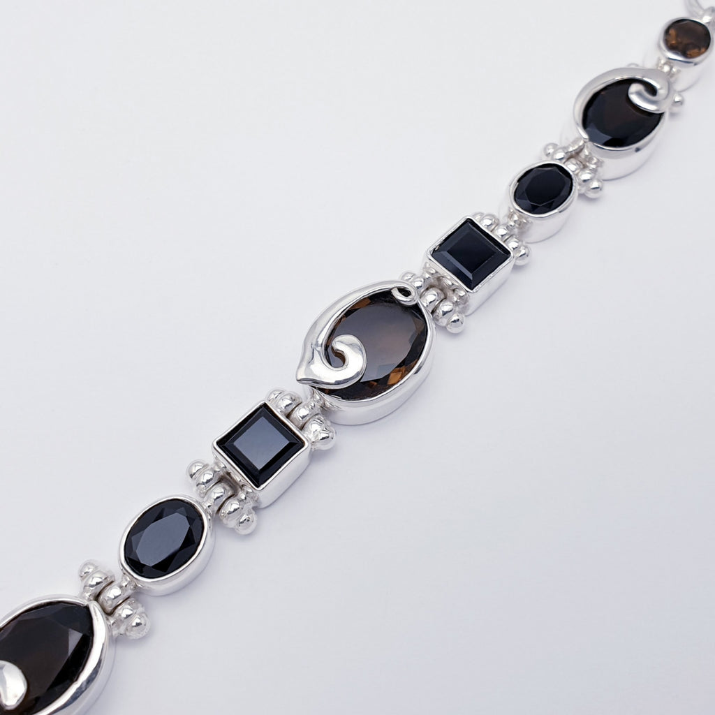 One-off Smoky Quartz and Onyx Sterling Silver Swirl Bracelet