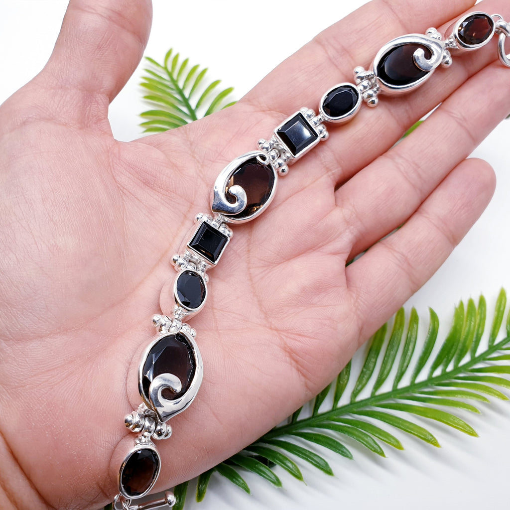 One-off Smoky Quartz and Onyx Sterling Silver Swirl Bracelet