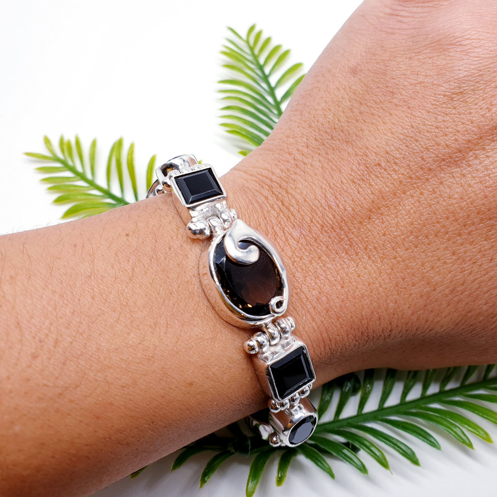 One-off Smoky Quartz and Onyx Sterling Silver Swirl Bracelet