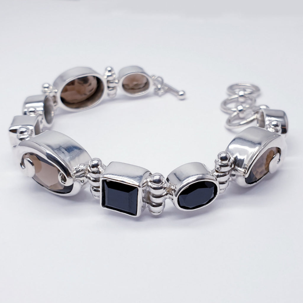 One-off Smoky Quartz and Onyx Sterling Silver Swirl Bracelet