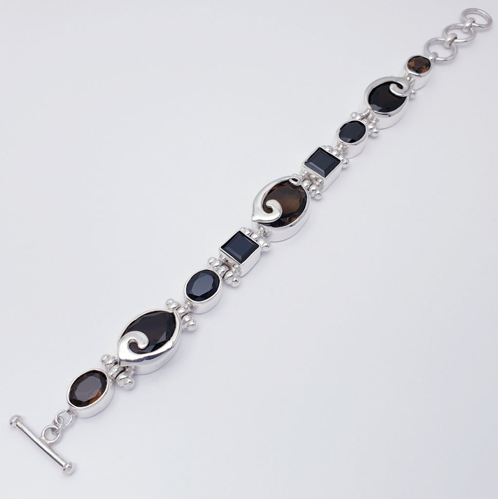 One-off Smoky Quartz and Onyx Sterling Silver Swirl Bracelet