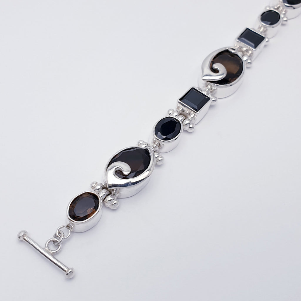 One-off Smoky Quartz and Onyx Sterling Silver Swirl Bracelet