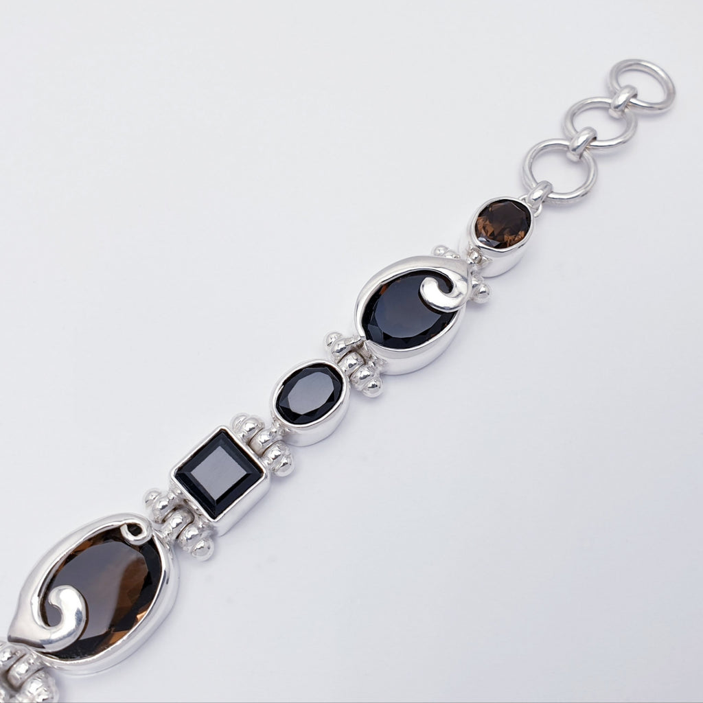 One-off Smoky Quartz and Onyx Sterling Silver Swirl Bracelet