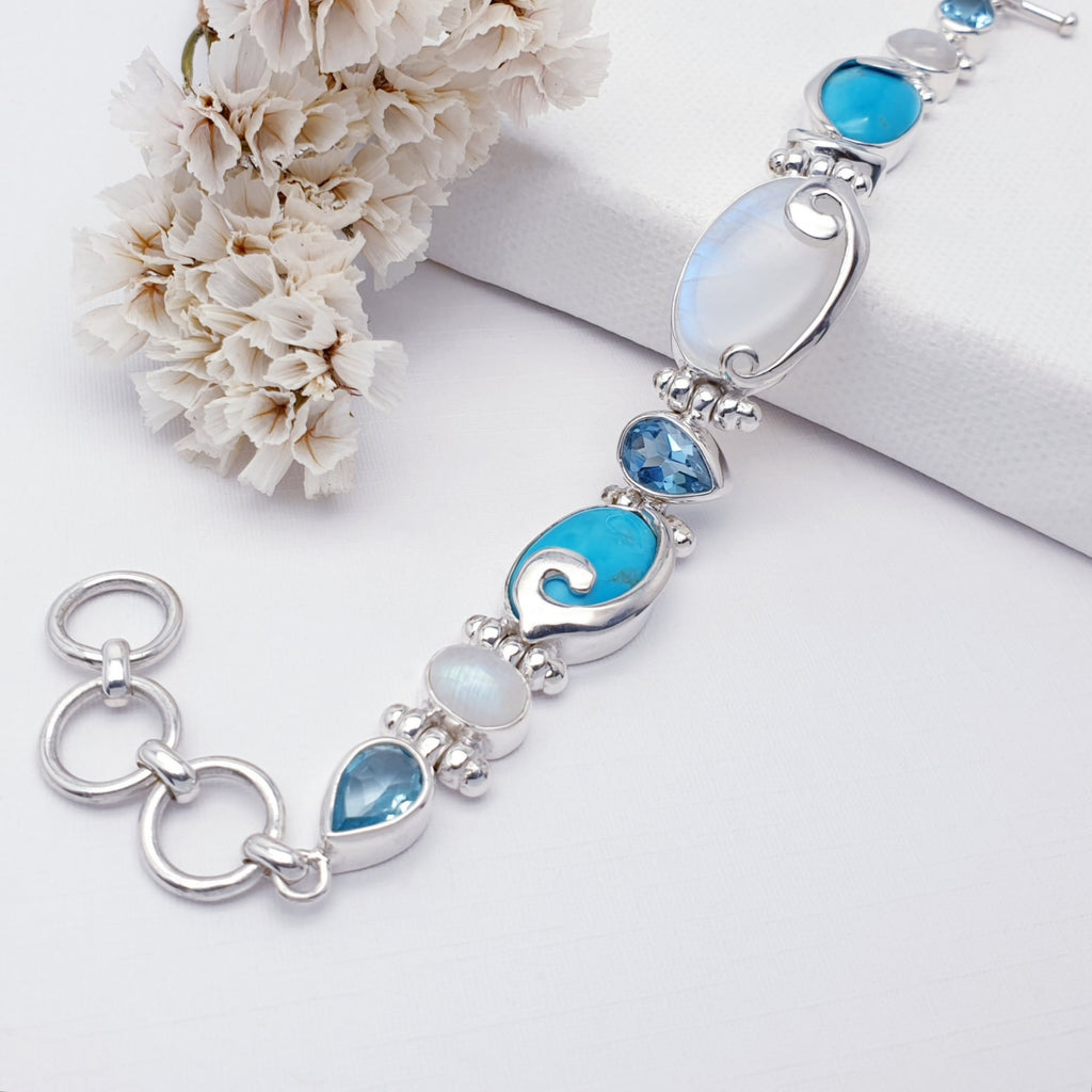 One-off Moonstone, Turquoise and Blue Topaz Sterling Silver Swirl Bracelet