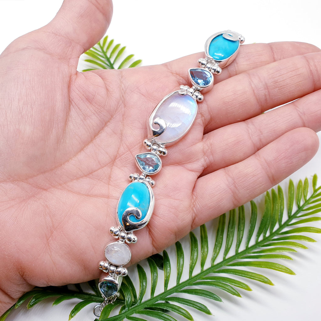 One-off Moonstone, Turquoise and Blue Topaz Sterling Silver Swirl Bracelet