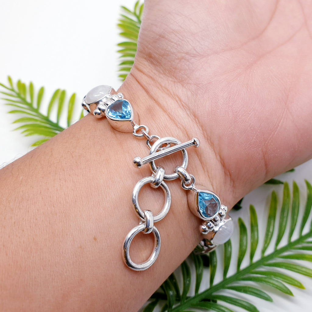 One-off Moonstone, Turquoise and Blue Topaz Sterling Silver Swirl Bracelet