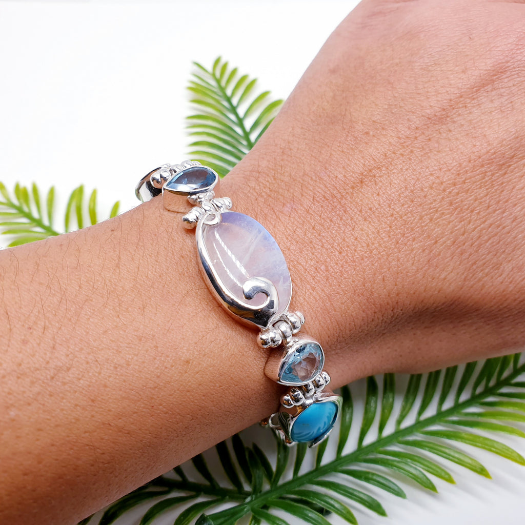 One-off Moonstone, Turquoise and Blue Topaz Sterling Silver Swirl Bracelet