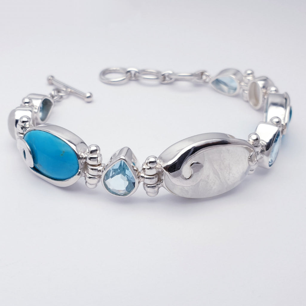 One-off Moonstone, Turquoise and Blue Topaz Sterling Silver Swirl Bracelet