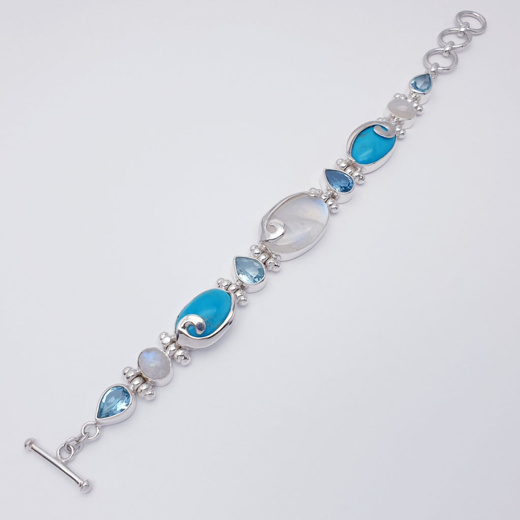 One-off Moonstone, Turquoise and Blue Topaz Sterling Silver Swirl Bracelet