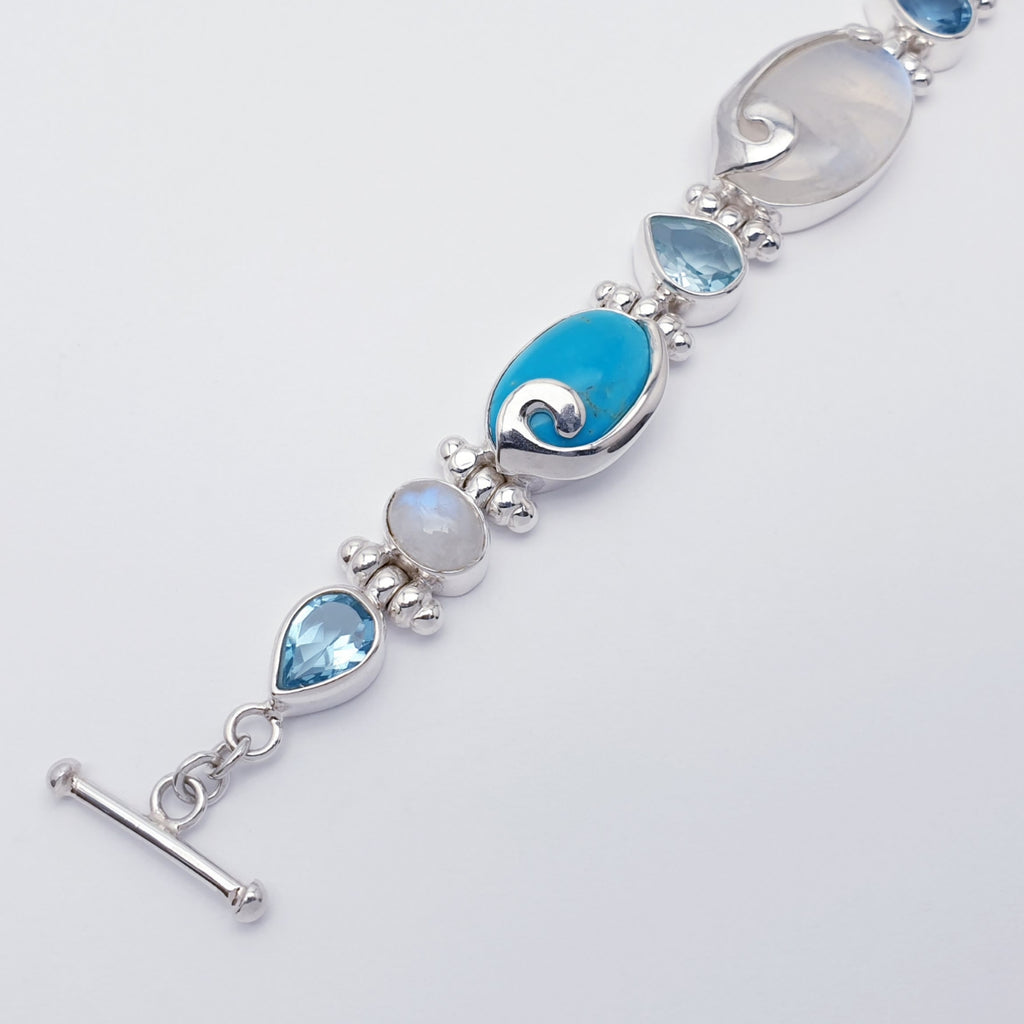 One-off Moonstone, Turquoise and Blue Topaz Sterling Silver Swirl Bracelet