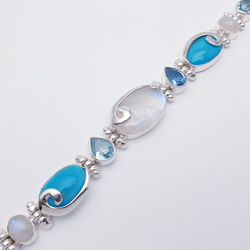 One-off Moonstone, Turquoise and Blue Topaz Sterling Silver Swirl Bracelet