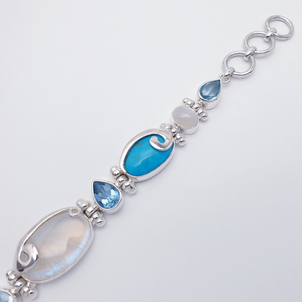 One-off Moonstone, Turquoise and Blue Topaz Sterling Silver Swirl Bracelet