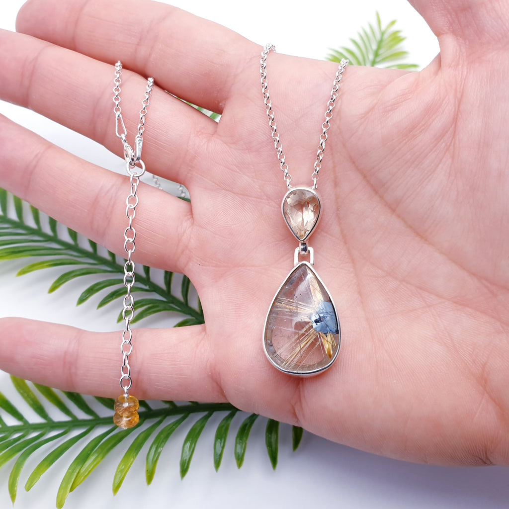 One-Off Gold Star Rutilated Quartz and Citrine Sterling Silver Andromeda Necklace 15"-17"