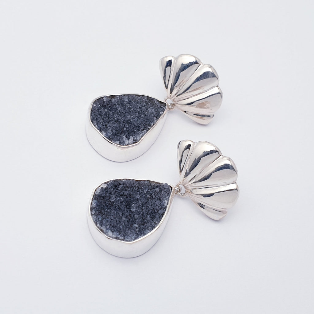 Druzy Quartz Sterling Silver Scallop Stud Drop Earrings