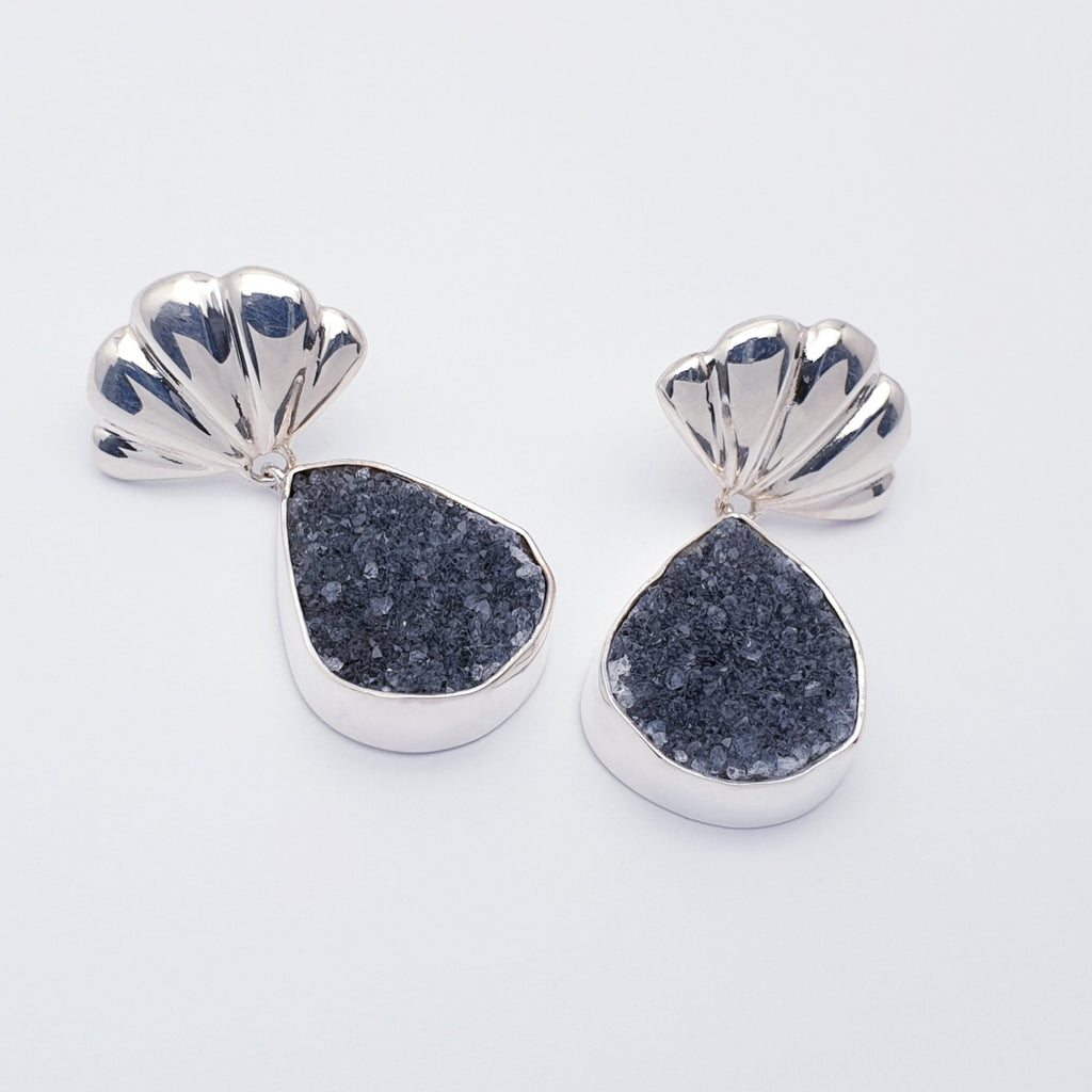 Druzy Quartz Sterling Silver Scallop Stud Drop Earrings