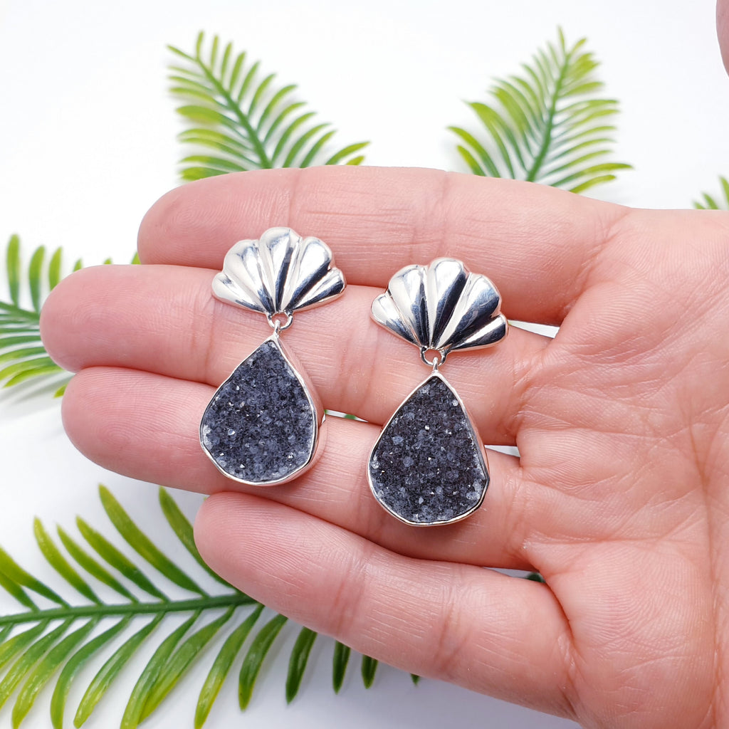 Druzy Quartz Sterling Silver Scallop Stud Drop Earrings