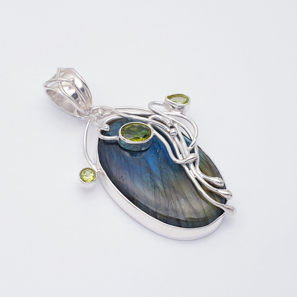 One-Off Labradorite and Peridot Sterling Silver Kusamba Pendant