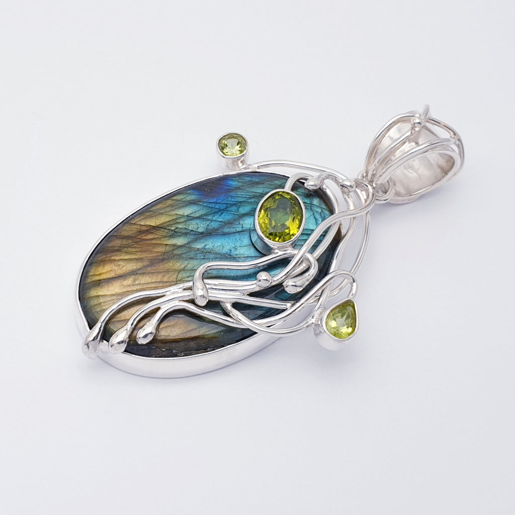 One-Off Labradorite and Peridot Sterling Silver Kusamba Pendant